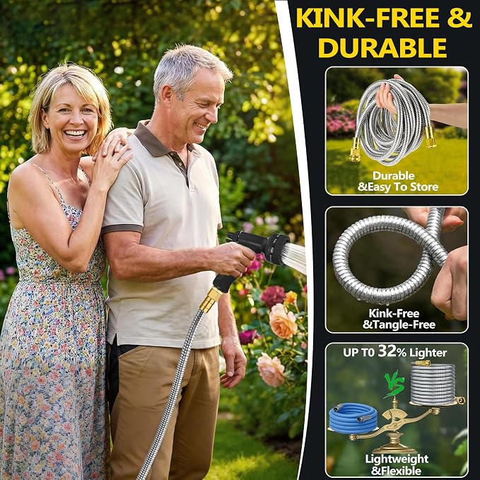 150 ft Stainless Steel Garden Hose - 2026 New Technology Metal Water Garden Hoses with 3/4" Solid Fitting - Lightweight,Ultra Flexible,Durable,Kink-Less Watering Pipes Garden Hoses For Yard, Outdoor