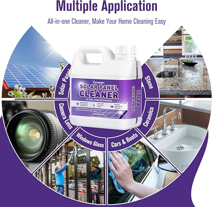 Teexpert Solar Panel Cleaner (32oz Makes 150 Gallons), Ultra Concentrated Glass & Solar Panel Cleaning, Pro Quick Dry Streak-Free Remove Dirt, Dust, Droppings, Fingerprints, Oils & Water Spots