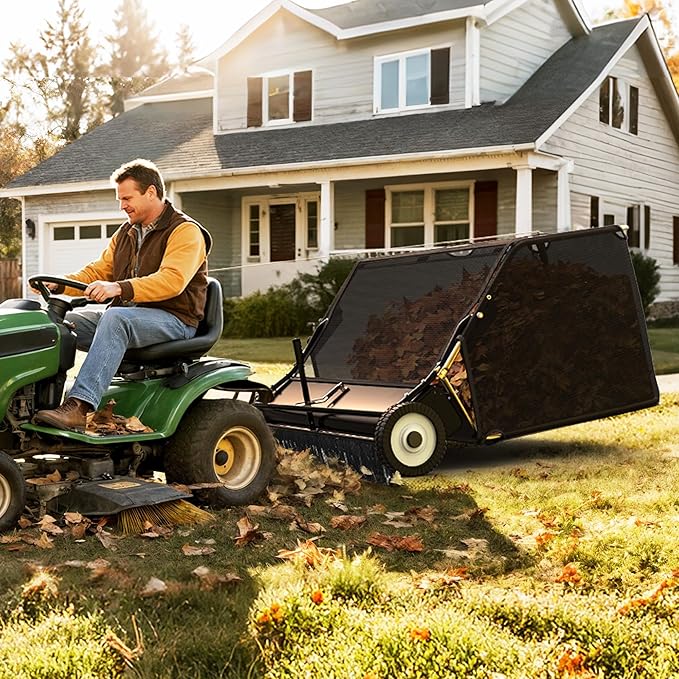 YINTATECH 50in Tow-Behind Lawn Sweeper, Heavy-Duty Garden Sweeper with 25 Cu. ft Hopper Bag, Leaf Grass Collector, Adjustable Brush Height, Anti-Splash Cover, Dumping Rope for Yard Lawn
