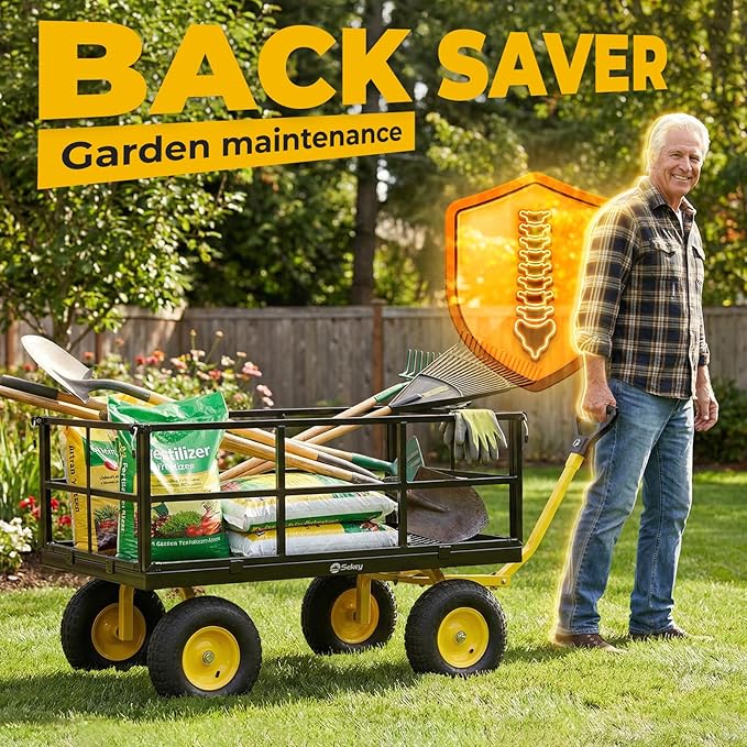 Sekey 1600 lbs Heavy Duty Steel Garden Cart for Farm & Construction, 12 Cu.Ft. Extra-Large Utility Wagon with Removable Sides, 2-in-1 Towable Handle, 13" Rubber Tires, Black