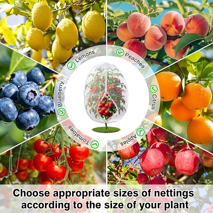 4PCS 2.7Ft × 3.3Ft Fruit Tree Netting with Zipper and Drawstring, 60 Mesh Thickened Garden Bird Netting for Blueberry Bushes, Fruits, Vegetables, Insect Bird Barrier Mesh Protective Cover