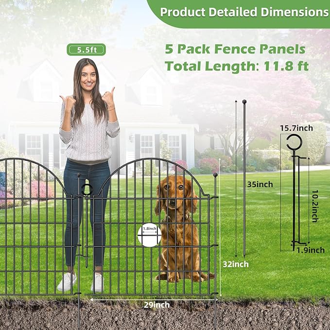 Blingluck Decorative Metal Garden Fence with Gate Lock 5 Panels, 32in (H) x 11.8ft (L) No Dig Dog Fence Outdoor for Yard, Temporary Rustproof Metal Wire Rabbit Dog Garden Border Fencing for Patio