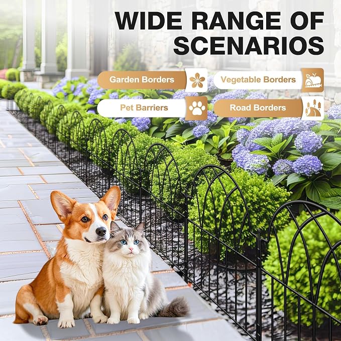 Garden Fence - 17 in(H) x 10.56ft(L) Arched Metal Fence Panel No Dig Fence, Ground Stake Animal Barrier Fence for Dog, Flower Bed Edging Wire Border Panel Fencing for Yard Patio Outdoor Decor