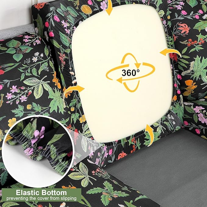 pickyNproud 8Pcs Patio Cushion Covers Stretch Outdoor Couch Cushions Slipcovers Replacement Washable Furniture Protector with Elastic Bottom Sofa Chair Seat Cover, Black Flower