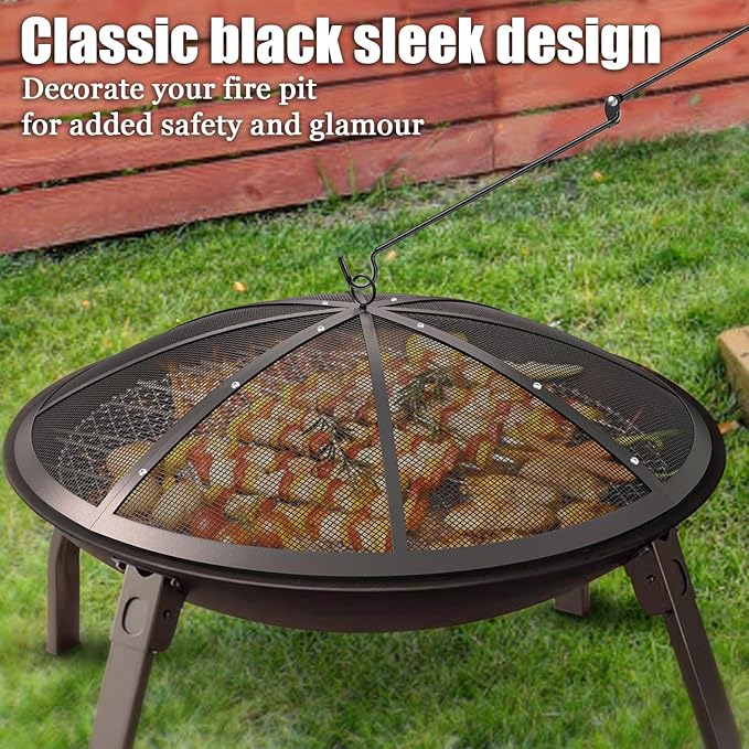 Fire Pit Spark Screen, 40Inch Fire Pit Lid Outdoor with Handle & Poker, Heavy-Duty Mesh Firepit Cove with 12 Reinforced Bars for Backyard/Beach/RV Camping
