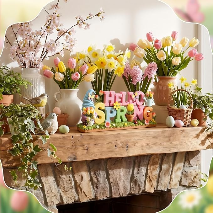 Simgoing 1 Pack Hello Spring Table Decoration Resin Spring Gnome Decorations for Home Pastel Flower Table Sign Festive Floral Statue Tabletop Centerpiece for House Tabletop Tiered Tray Fireplace Decor