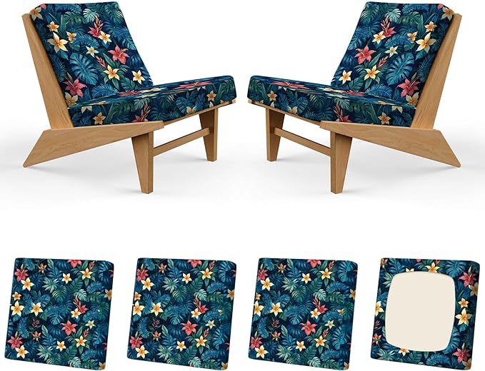 4Pcs Patio Stretch Cushion Covers, Outdoor Couch & Sofa Replacement Slipcovers for Patio Furniture Cushion Covers, Washable Reusable Furniture Protector, Square Large, Tropical Flower
