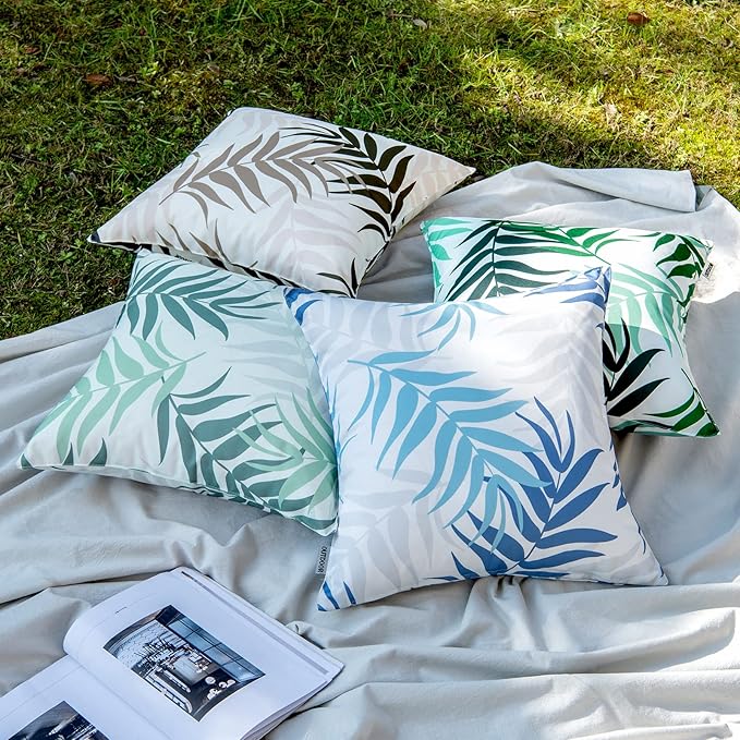 MIULEE Pack of 2 Decorative Outdoor Waterproof Throw Pillow Covers Patio Pillow Cases Natural Leaves Pattern Spring Square Cushion Shams Shell for Garden Balcony Couch 20x20 Inch, Blue