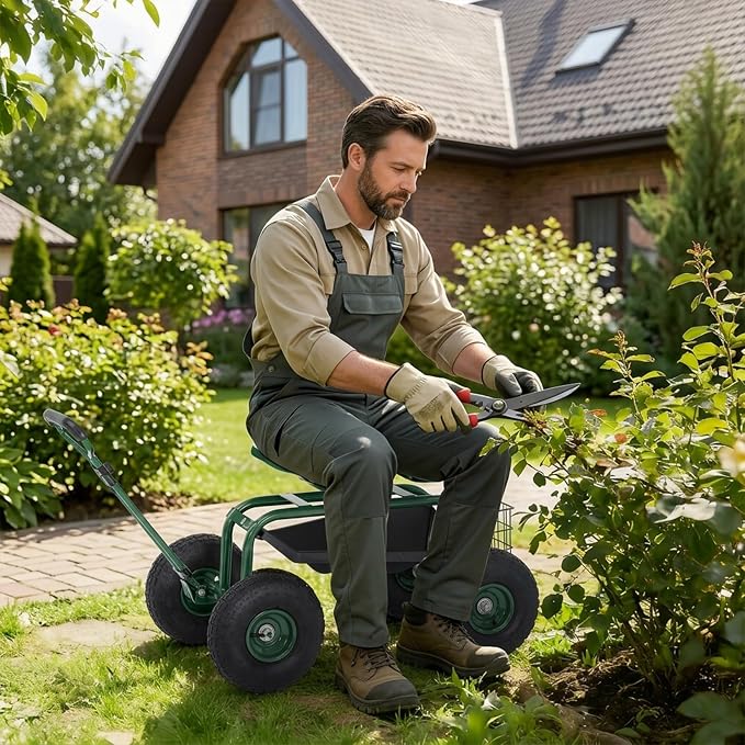 Garden Cart Rolling Workseat with Wheels, 360° Swivel Gardening Stool, Extendable Steering Handle & Utility Tool Tray, 10-Inch Inflatable Tires, Reinforced Steel Construction for Patio, Yard, Outdoor