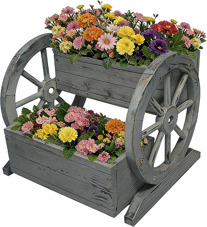2 Tier Classic Wooden Wagon Planter Box|Outdoor Planter/Flower Pot for Indoor&Outdoor Plants-Rustic Garden Planter for Patio,Porch&Garden Decor-Raised Garden Bed for Succulents,Herbs,Vegetables