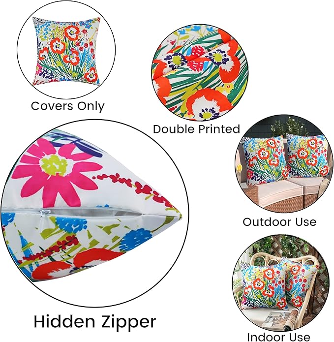Merrycolor Pack of 2 Outdoor Pillow Covers 18x18 Waterproof Decorative Floral Square Pillowcase Cushion Cases Outdoor Pillows for Patio Furniture Garden Balcony Couch