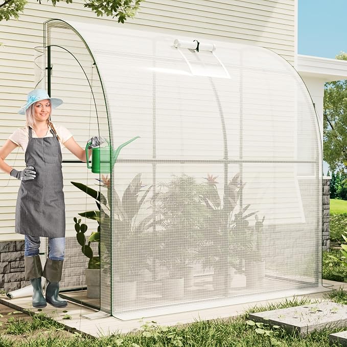 SPECILITE 79” x 40” x 83” Lean to Greenhouse for Outdoors, Portable Walk-in Plant Green House with 1 Roll-up Zipper Door and Mesh Window, Reinforced Steel Frame with PE Cover, Anchor and Ropes, White
