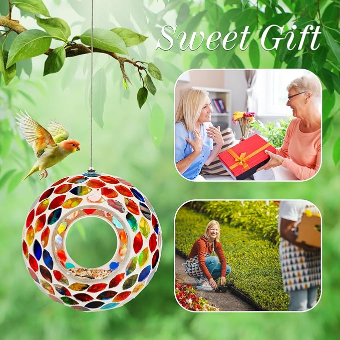 Glass Bird Feeders for Outdoor Hanging, Mosaic Fly Through Wild Bird Feeder Round Shape Birdfeeder for Outside Garden Yard Patio Decoration Red