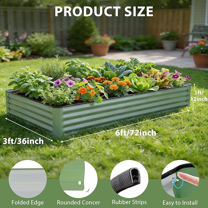 Galvanized Raised Garden Bed 2 Pack 6x3x1 Ft Patented Leak-Proof Planter Box Outdoor Metal Raised Garden Beds Kits for Veggies, Herbs & Flowers (Green)