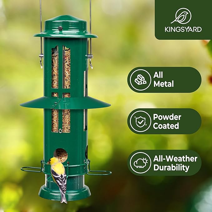 Kingsyard Squirrel Proof Bird Feeders with Weight-Activated Perches, Metal Wild Bird Feeder for Outdoors Hanging, 3 lb Large Seed Capacity, Green
