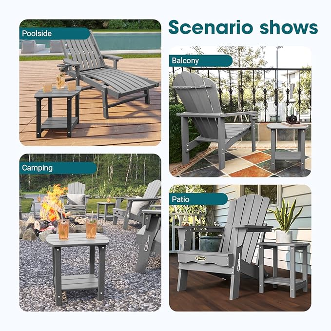 THOEOE Adirondack Outdoor Side Table, 2-Tier Sturdy Patio End Table Weather Resistant, Morden Side Table for Patio, Pool, Porch, Grey