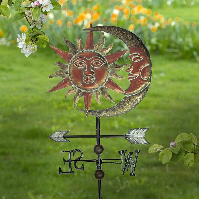 TERESA'S COLLECTIONS Sun & Moon Face Solar Outdoor Lights, Metal Decorative Stake Weathervane Garden Decor for Outside, Yard Decorations Outdoor Lawn Ornaments for Porch Decor Gifts for Mom, 34"