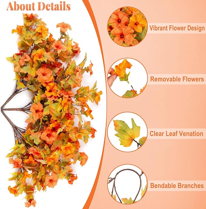 Ammyoo Artificial Fake Fall Flowers with Hanging Basket for Outdoor Decoration, Silk Faux Flowers UV Resistant Fake Plants for Home Porch Patio Garden Window Box Autumn Decor Look Real (Orange)