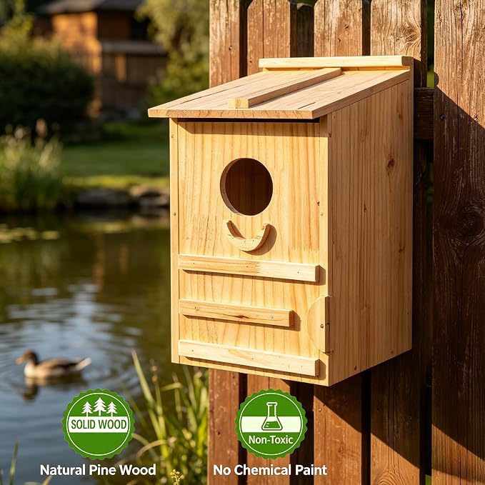 Extra-Large Wood Duck House - Handcrafted Natural Solid Wood Nesting Box for Wood Ducks & Mergansers, Easy Pole Mounting Kit for Pond, Wetland & Backyard