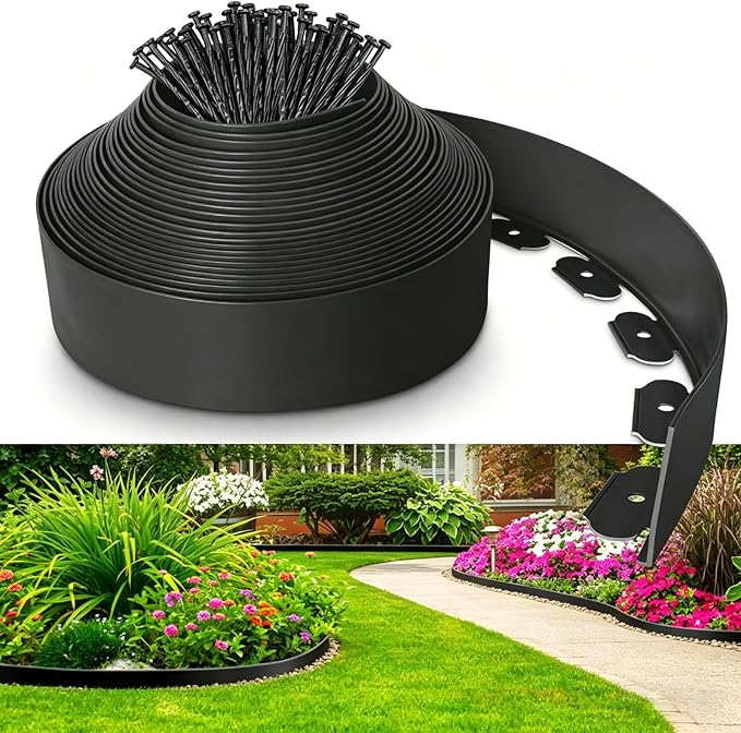 4-Inch x 33 FT Landscape Edging Border with 50 Spikes, Garden Edging Lawn Border Kit, Plastic Edging Border Flexible for Garden Flower Beds Lawn Yard Pathway Paver (Black)