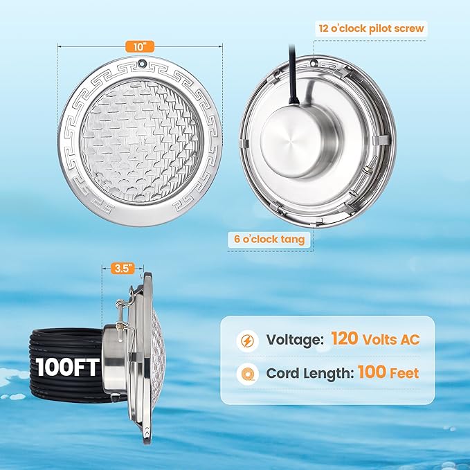 SURAIELEC Pool Lights for Inground Pool, 10 Inch 120V LED Underwater Light, 35W (300W Equivalent), 4000LM, Cool White 6000K, Fits 10" Large Wet Niches, Stainless Steel Housing, 100FT Cord