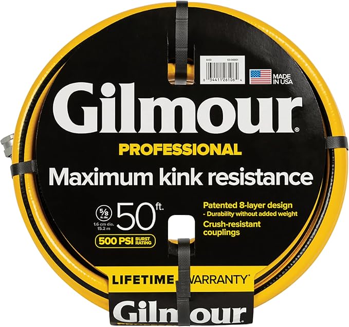 Gilmour 5/8" x 50' Heavy Duty Flexogen Water Hose, Flexible Garden Hose for Vegetable Gardens, Flower Beds, and Lawn Sprinklers, Yellow