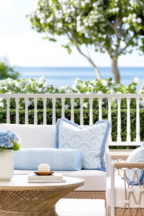 Hofdeco Premium Coastal Grandmillennial Patio Indoor Outdoor Bolster Pillow Cover Only, 8"x24" Water Repellent for Backyard, Couch, Poolside, Baby Blue Embroidered Greek Key