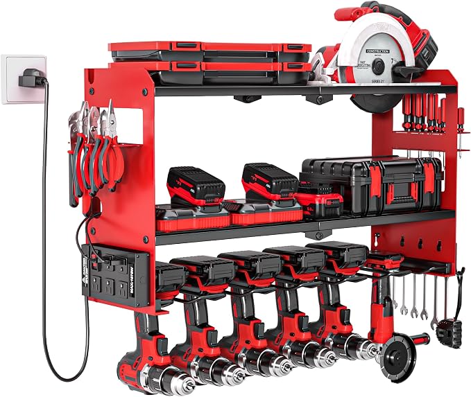 MOOMSINE Power Tool Organizer Wall Mount with Charging Station, Heavy Duty Metal Tool Storage with 5 Outlets, Cordless Drill and Battery Holder for Garage and Workshop Organization, Red