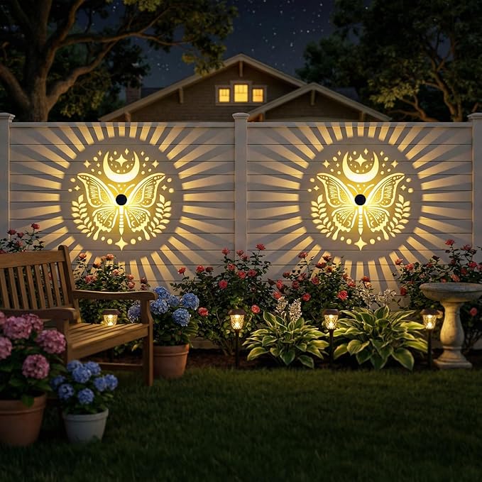 Gardsee Solar Fence Lights Outdoor 2 Pack Deck Step Wall Lights Butterfly Metal Waterproof LED Warm Yellow Light for Garden Post Patio Backyard Yard Decor (Black 1)