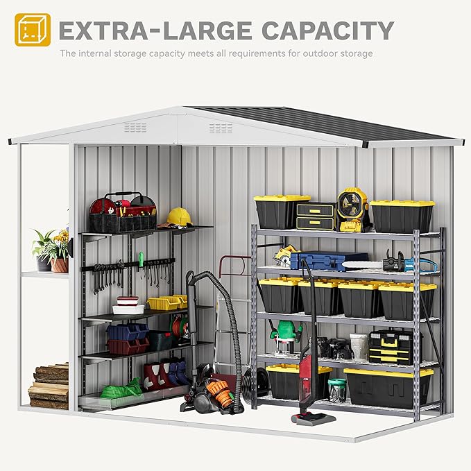 DWVO Outdoor Storage Shed 8x4FT with Rack, Metal Garden Shed with Storage Shelves, Bike Storage Tool Cabinet Box for Lawn Backyard Patio Use, Dark Gray