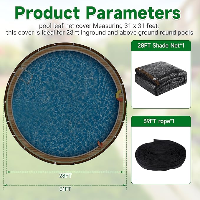 Pool Leaf Net Cover 28 ft Round, Fine Mesh Leaf Net for Above Ground Pool, Winter Pool Cover 28 ft Round Above Ground, Cover Size: 31-Feet Dia (Includes 3-feet Overlap) (Black -Round, 28FT)