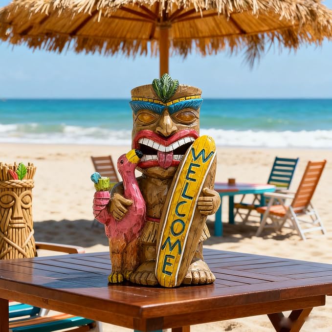 Solar Tiki Garden Statue Outdoor Decor with Flamingo Waterproof Welcome Sign for Tiki Bar, Patio, Balcony, Yard, Lawn, Front Door Decorations, Gardening Gift for Tiki Man