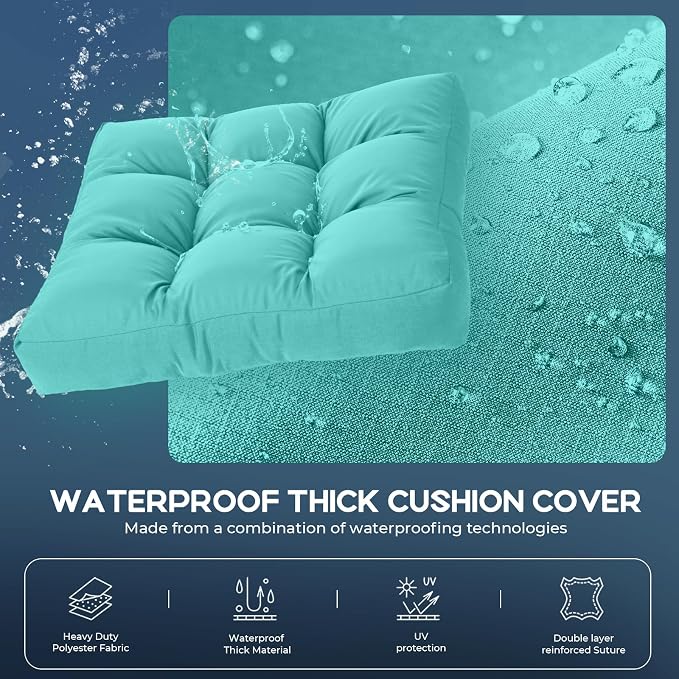 22x22 Waterproof Outdoor Chair Cushions Set of 2, Patio Cushions for Outdoor Furniture Water-Resistant & Fade-Resistant, Deep Seat & Back Cushion for Wicker Sofa (Teal)