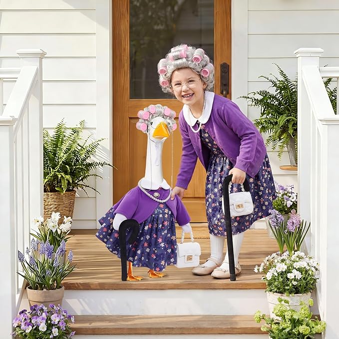 GJL Old Lady Porch Goose Outfits, Spring Summer Grandma Goose Clothes with Wig Glasses Pearl Necklace, Fits 23 Inch Cement Plastic Goose Statue for Outdoor Yard Garden Decor