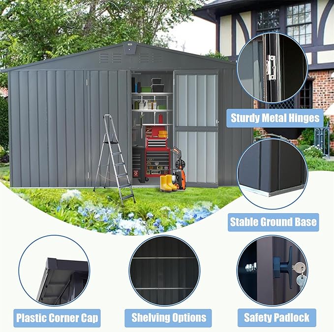Christopher Knight Home Avonn Backyard Storage Shed 11'x 9' with Galvanized Steel Frame & Windows, Outdoor Garden Shed Metal Utility Tool Storage Room with Lockable Door for Patio(Dark Gray)