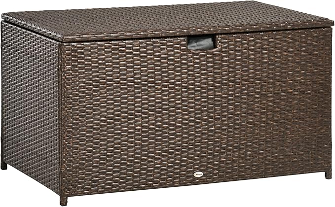 Outsunny 113 Gallon Deck Box, Rattan Outdoor Storage Box, Waterproof Storage Container for Indoor, Patio Furniture Cushions, Pool Supplies, Garden Tools, Brown