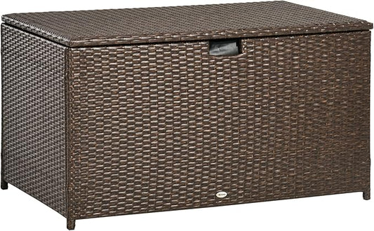 Outsunny 113 Gallon Deck Box, Rattan Outdoor Storage Box, Waterproof Storage Container for Indoor, Patio Furniture Cushions, Pool Supplies, Garden Tools, Brown