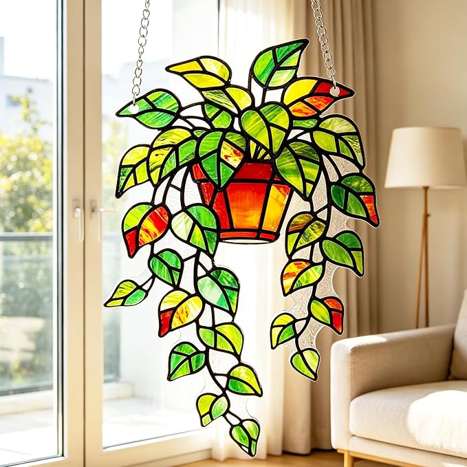 Plant Suncatcher Glass, Stained Glass Suncatcher Plant Window Hanging, Unique Nature Lover Gifts Leaf Ideas
