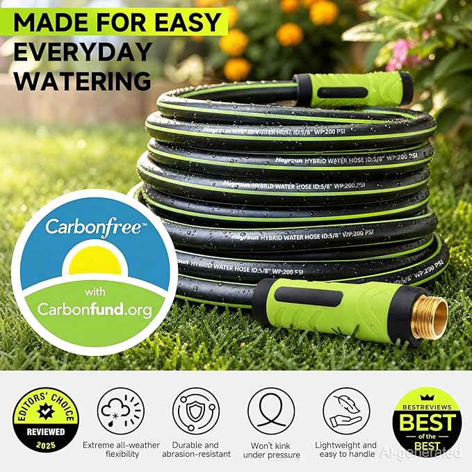 Garden Hose 25ft x 5/8", NON-EXPANDABLE Water Hose Heavy Duty, Flexible, Lightweight, Kink Resistant & Outside Hybrid Hose, Male to Female Fittings