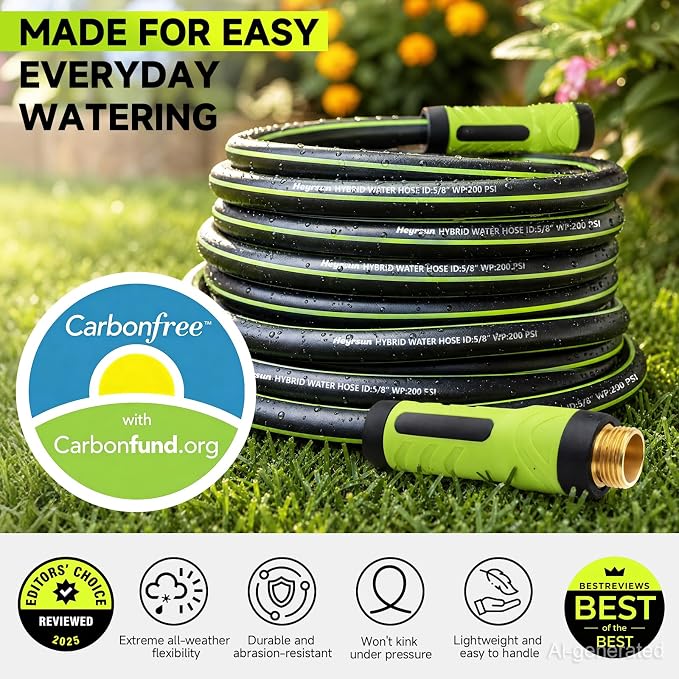 Garden Hose 75ft x 5/8", NON-EXPANDABLE Water Hose Heavy Duty, Flexible, Lightweight, Kink Resistant & Outside Hybrid Hose, Male to Female Fittings