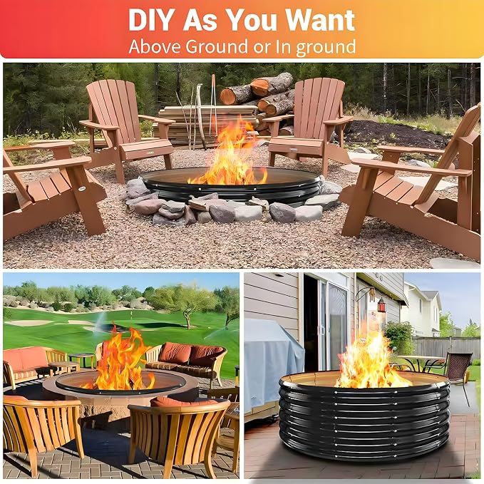 39 Inch Heavy Duty Fire Pit Ring for Outside, 17" Deep Wood Burning Fire Pit Insert for Backyard Fires, High Heat Resistant Galvanized Steel Firepit for Patio, Camping, Outdoor Fireplace & Bonfires