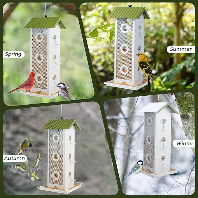 All Metal Bird Feeder for Outdoors Hanging | 14-Port Multi-Bird Viewing | Premium Finish, Waterproof & Easy-Clean | Attracts Cardinals, Finches, Chickadees & More (Crisp White & Green)