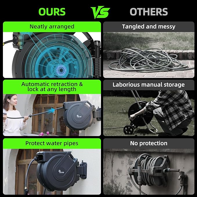 Retractable Garden Hose Reel 1/2 in x130 ft, Heavy Duty Wall Mounted Hose Reel with 7- Function Sprayer Nozzle, Any Length Lock/Automatic Slow Return System,180° Swivel Bracket