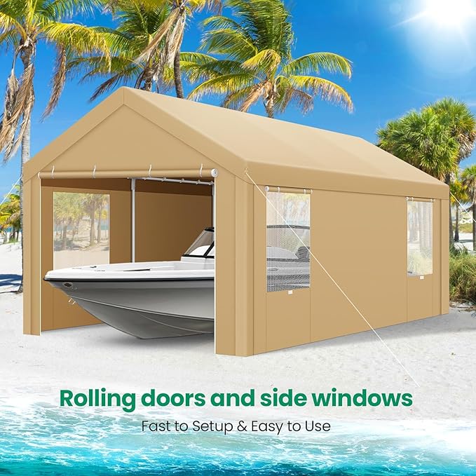 COBIZI 10x20 FT Heavy Duty Carport with Galvanized Frame, Carport Canopy with Roll-up Windows, Storage Tent with Removable Sidewalls & Doors, Built-in Sandbags for Car, Boat, Truck, Khaki
