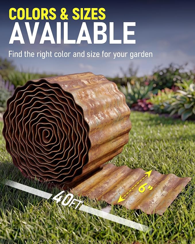 Corrugated Metal Garden Edging, 6"×40Ft Durable Landscape Border for Garden, Lawn, Flower Beds and Paver Edging (Rusty)