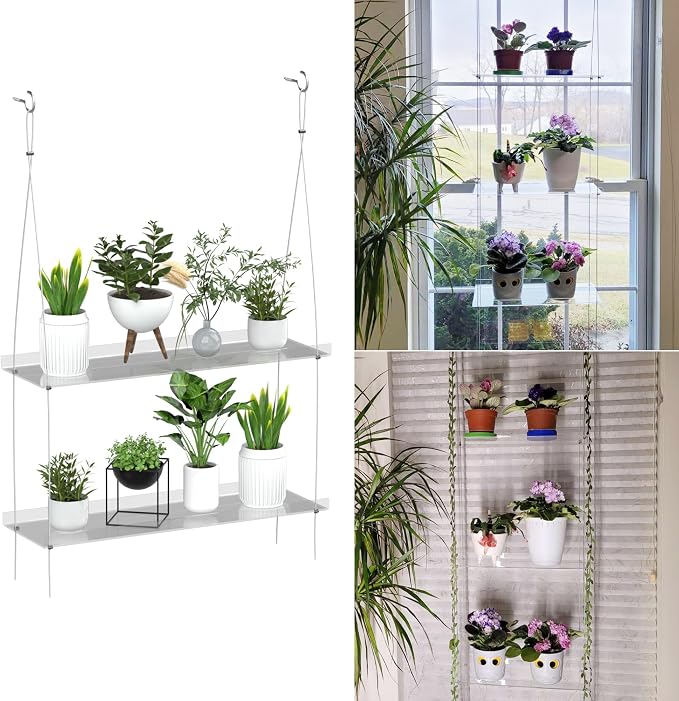 Jolitac Acrylic Window Boxes Plant Shelves for Windows, Acrylic Hanging Window Plant Stand, Indoor Wall Hanging Plant Display Shelves (Clear, 2-Tier)