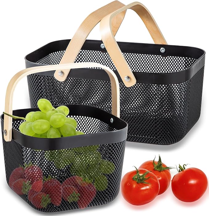 Nexboraque 2 Pack Plastic Picnic Baskets, Mesh Harvest Basket with Foldable Wooden Handle, Rectangle Fruit Vegetable Storage Organizer Bins for Gathering, Kitchen, Pantry, Black