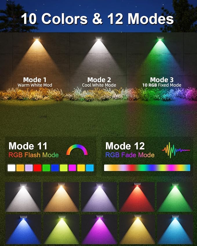 JOFIOS Solar Fence Lights Outdoor, 12 Pack, 50LM Ultra Bright, 10 Colors & 12 Lighting Modes Solar Deck Lights, IP65 Waterproof, Dusk-to-Dawn Solar Powered Fence Light for Patio, Railing (White)