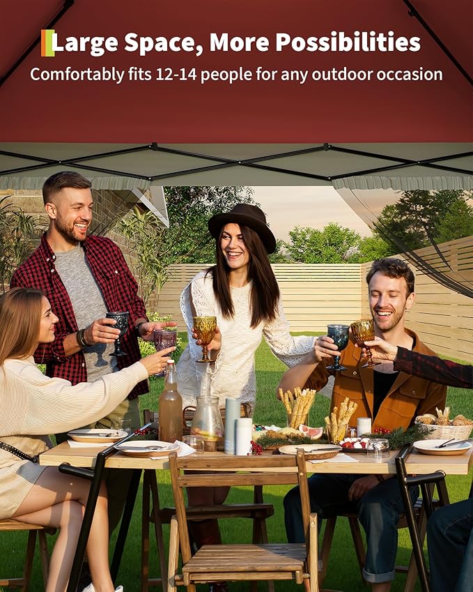 GarveeLife Canopy Tent 13x13 ft, Pop Up Gazebo One-Push Setup with 4 SandBags for Backyard Parties and BBQs, Mosquito Netting & Height Adjustable - Red