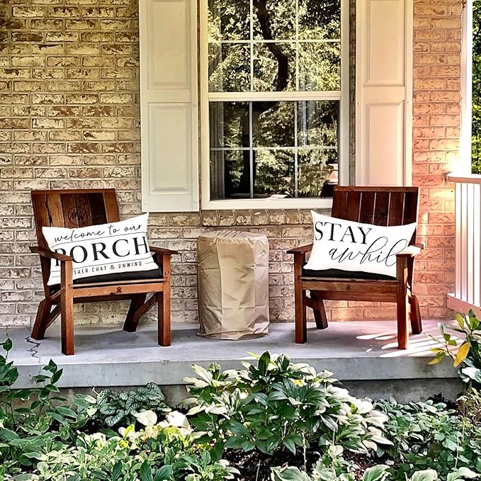 TAJWE Outdoor Pillow Covers Waterproof 12x20 Set of 2 Welcome to Our Porch Stay Awhile Cushion Cases for Patio Furniture Sofa Couch Decor